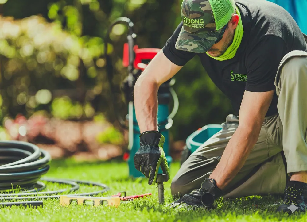 Strong Landscape irrigation technician repairing a sprinkler head