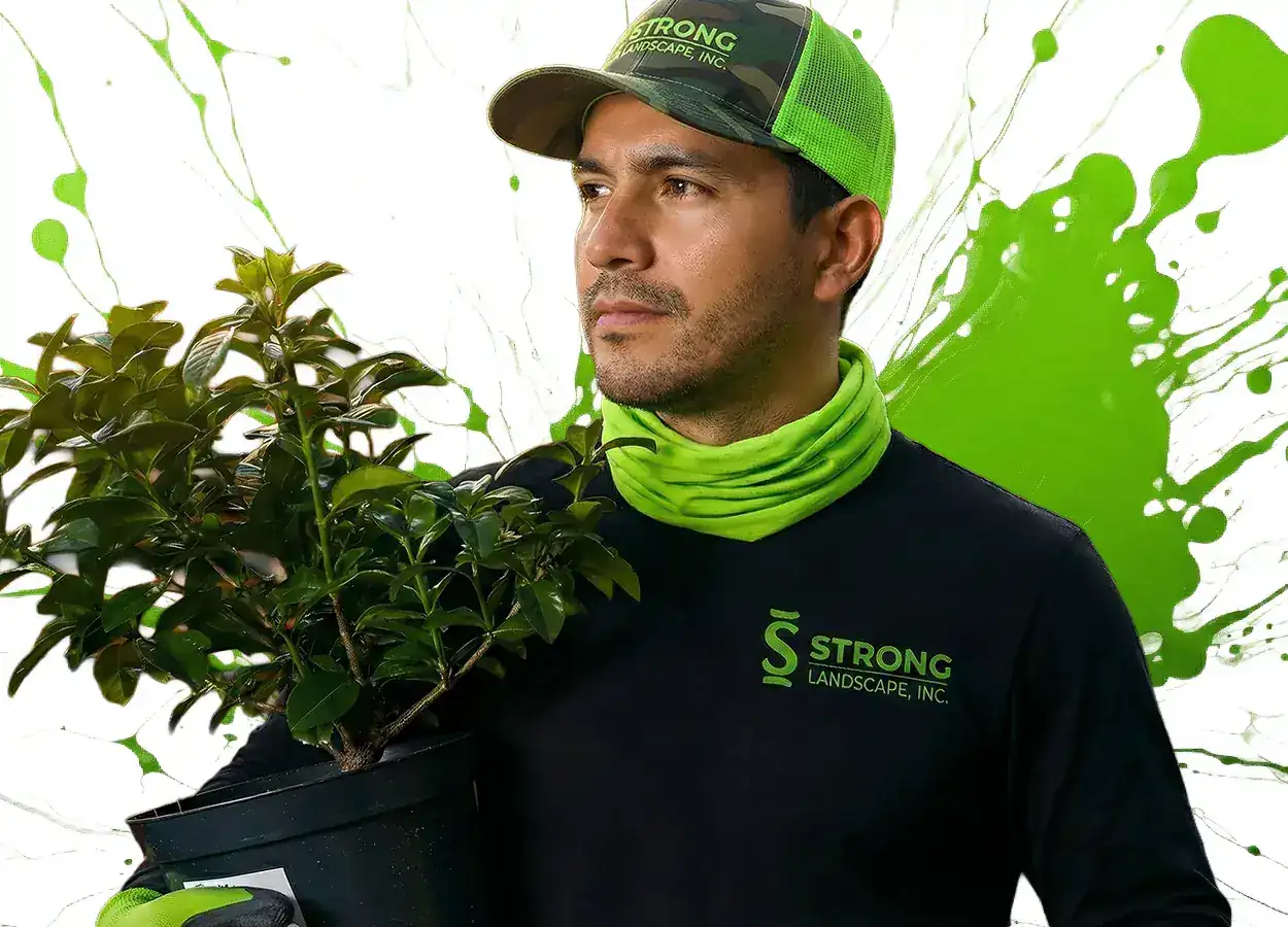 Strong Landscape design and build crew member in branded uniform